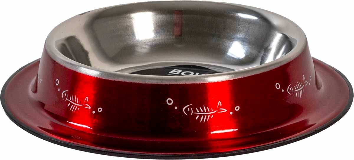Katteskål i rustfritt stål antispill rød med fiskemønster 250 ml