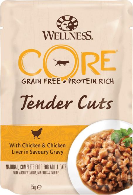 Hovedbilde Wellness CORE Tender Cuts Kylling & Kyllinglever 85g | Kornfri